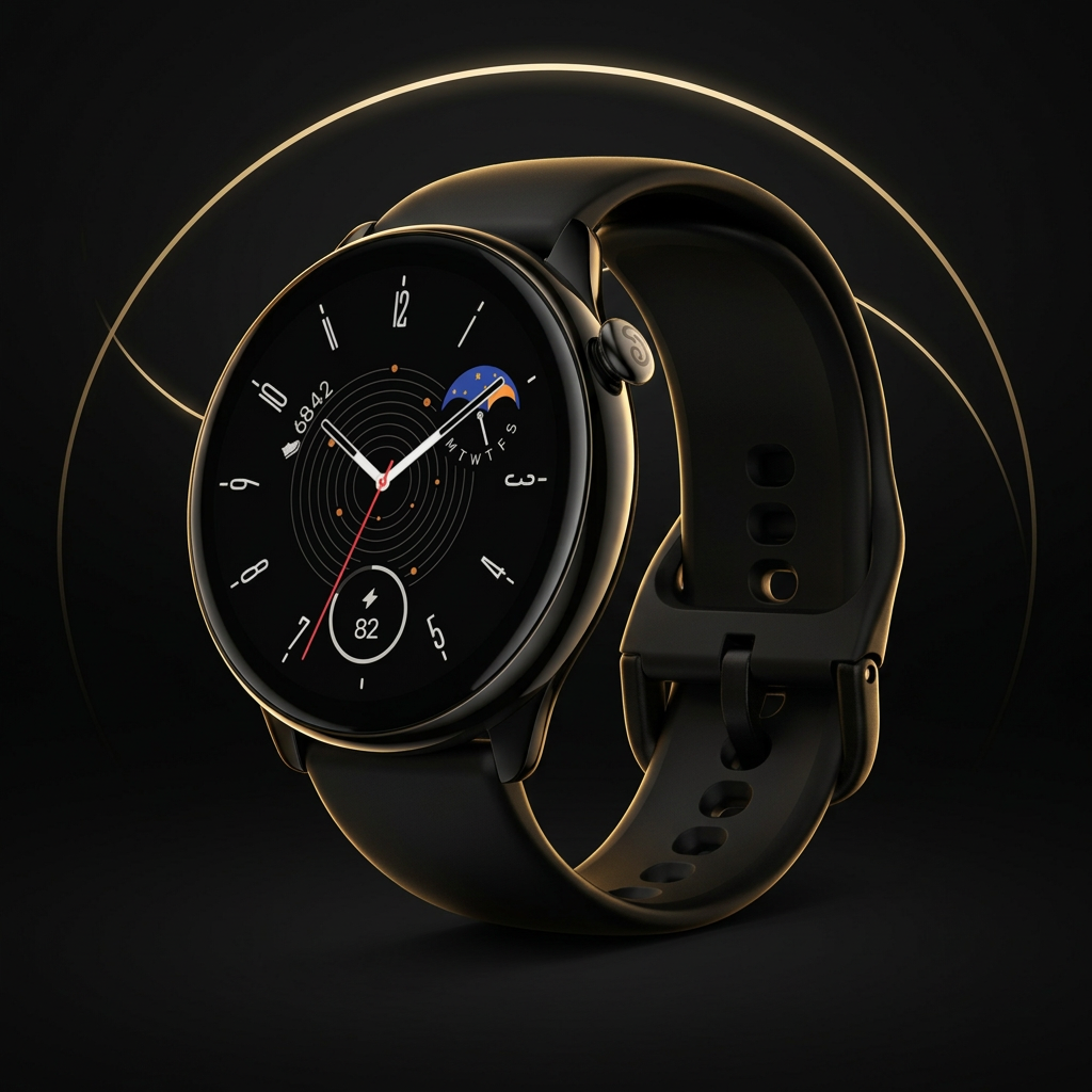 Smartwatch: producto destacado sobre fondo negro con detalles dorados